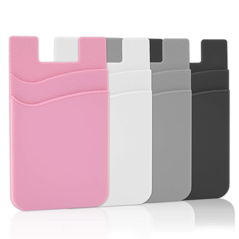 [Australia - AusPower] - SS Card Holder for Back of Phone, Phone Wallet Stick-on Credit Card Sleeve Pocket Silicone Cell Phone Pouch Compatible for iPhone,Samsung Galaxy and Most SamrtPhones 4 Pack Black+White+Gray+Pink 