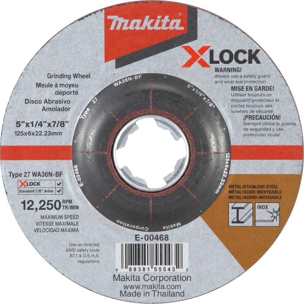 Makita E-00468 X-LOCK 5" x 1/4" x 7/8" Type 27 General Purpose 36 Grit Abrasive Grinding Wheel for Metal & Stainless Steel Grinding