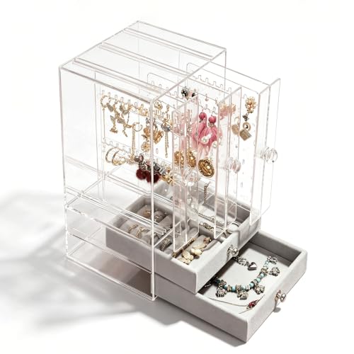 DOZZZ Acrylic Jewelry Organizer Box with 5 Drawers for Women, Clear Earring Holder Storage Display Stand Rack for Rings Necklace Bracelet 5 Layers