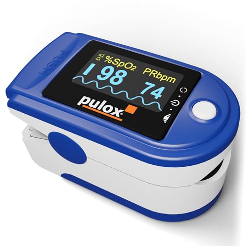 Pulox PO-200A Solo Pulse Oximeter with Alarm and Pulse Sound for Measuring Pulse and Oxygen Saturation on the Finger | With acoustic warning function and pulse tone for measuring oxygen saturation, pulse and perfusion index directly on the finger (blue)