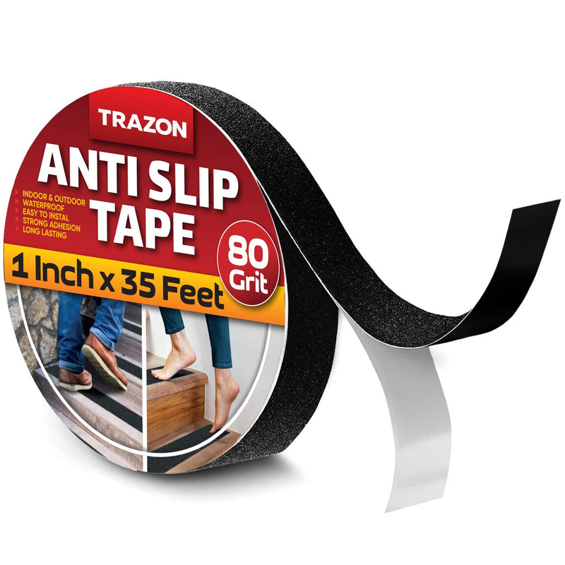 Grip Tape - Heavy Duty Anti Slip Tape for Stairs Outdoor/Indoor Waterproof 1Inch x 35Ft Safety Non Skid Roll for Stair Steps Traction Tread Staircases Grips Adhesive Non Slip Strips Nonslip Walk Black 1 Inch x 35 Feet