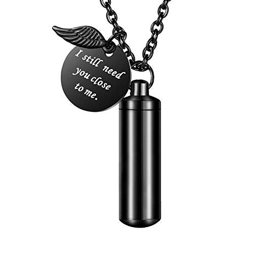 abooxiu Cylinder Urn Necklace for Ashes Cremation Jewelry/Keychain for human Pet Stainless Steel Memorial Keepsake Pendant with Angel Wing Charm Ashes Black-M