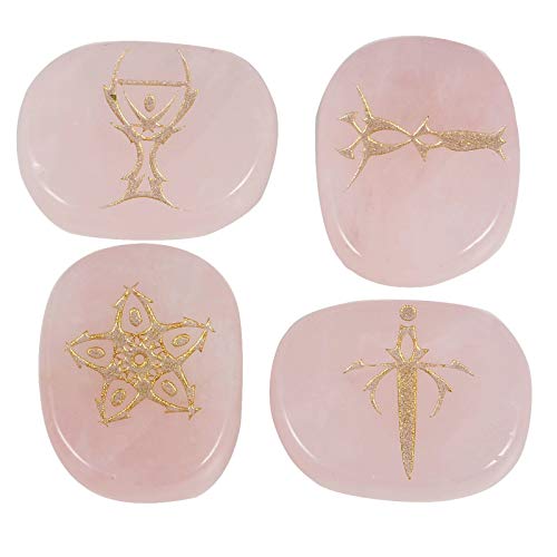 Amogeeli Rose Quartz Healing Crystal Engraved Tarot Symbols Energy Reiki Pocket Stone Set of 4 pcs
