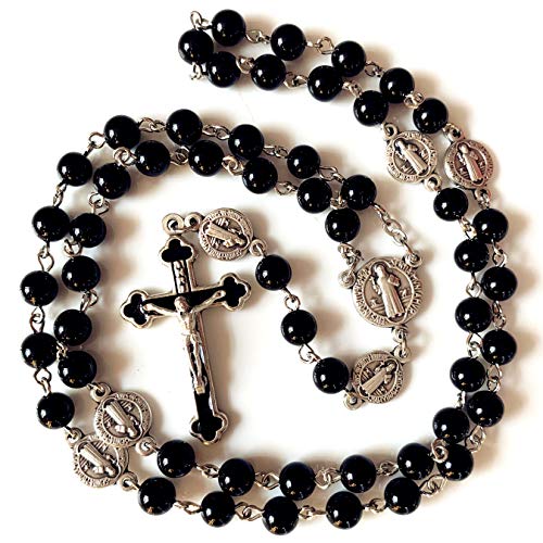 elegantmedical HANDMADE Catholic Saint St. Benedict Black Agate Beads Gift Rosary Necklace Cross Jerusalem