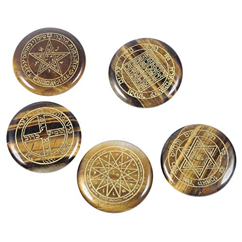 Amogeeli Tiger's Eye Healing Stone Set of 5, Solomon Symbol Engraved Energy Pocket Crystal for Reiki Tiger's Eye Stone