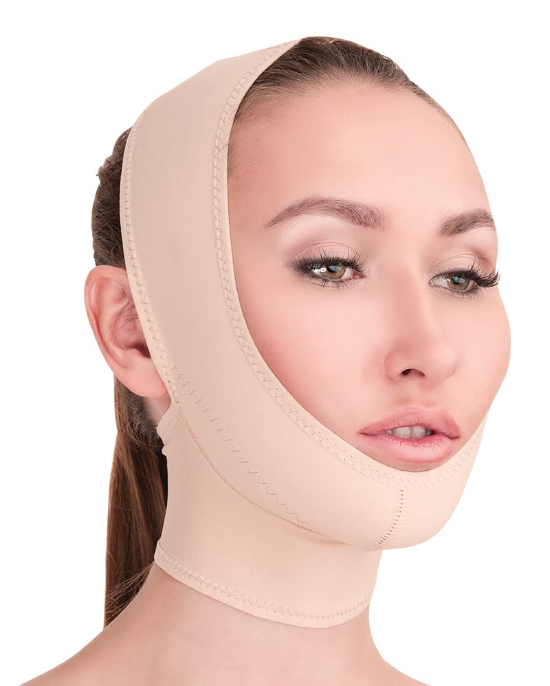 [Australia - AusPower] - Post Surgical Chin Strap Bandage for Women - Neck and Chin Compression Garment Wrap - Face Slimmer, Jowl Tightening (M) Beige Medium (Pack of 1) 