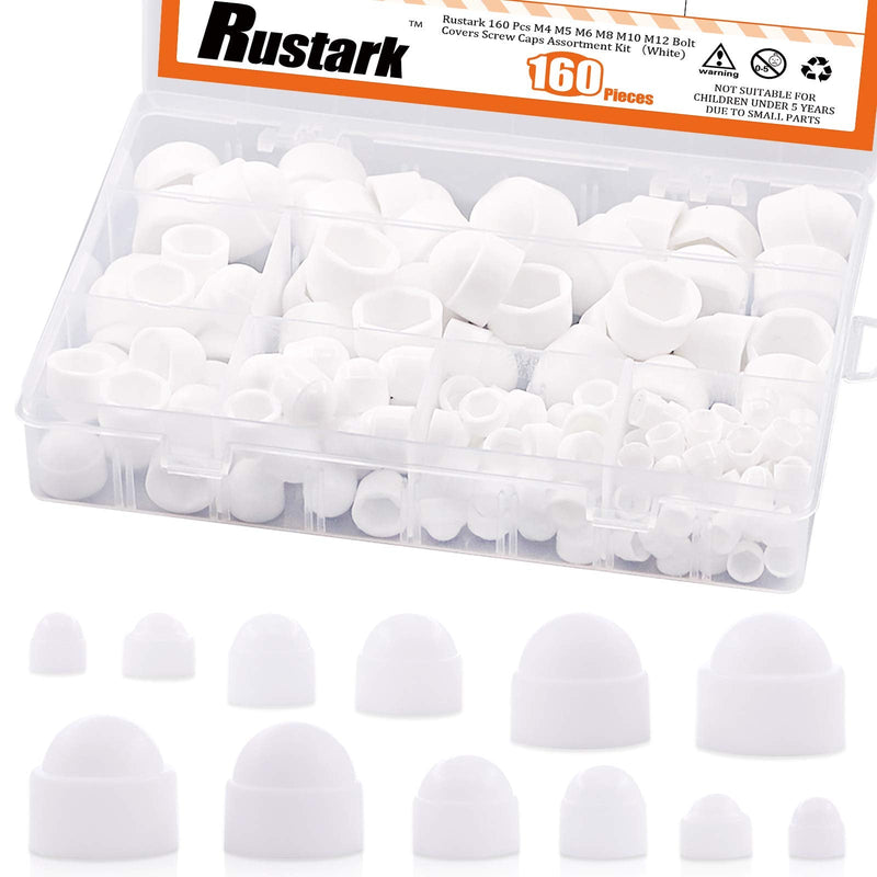 [Australia - AusPower] - 160 Pcs Bolt Covers Screw Caps Assortment Kit with Storage Box, M4 M5 M6 M8 M10 M12 Nylon Insert Locknut Protection Cap for Matching Screws or Bolts (White) White 