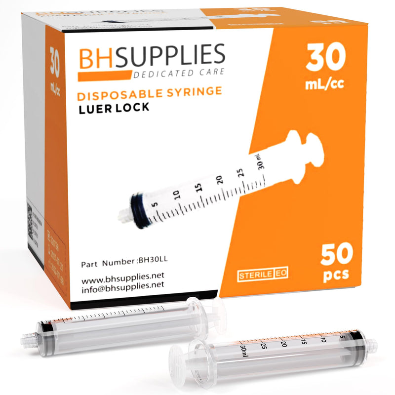 [Australia - AusPower] - BH Supplies 30ml Luer Lock Tip Syringes (No Needle) - Sterile, Individually Wrapped - 50 Syringes 30 mL - Luer Lock 50.0 