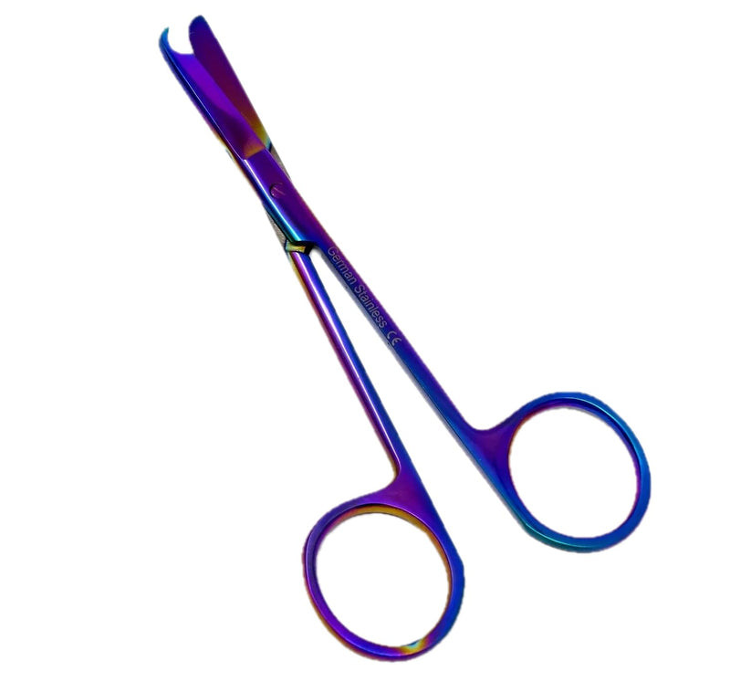 Suture Stitch Scissors with Multi Rainbow Color Titanium Coating- Premium Quality Instrument- Delicate Hook - Stainless Steel - Perfect for Suture Removal, First Aid, EMS Training 4.5"