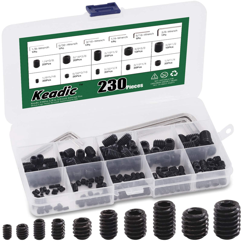 [Australia - AusPower] - Keadic 236Pcs 1/8 to 3/8 inch Internal Hex Drive Cup-Point Screws Grub Screws Assortment Kit with 6Pcs Wrench, 10 Sizes Set of Screws for Door Handles, Faucet, Light Fixture, 12.9 Class Alloy Steel 236pcs SAE 10 Sizes Cup Point Set Screw kit 