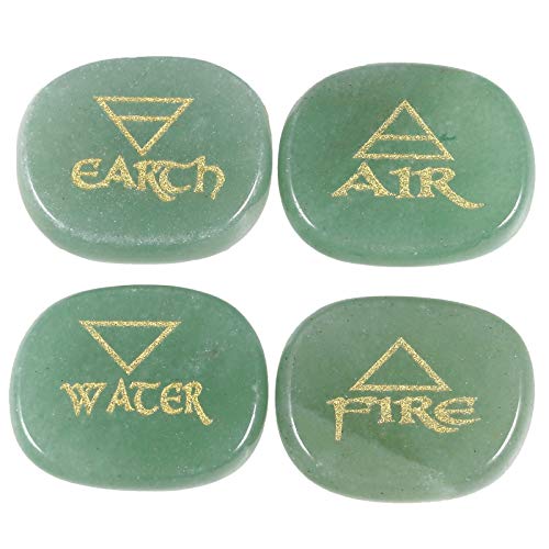 Amogeeli Set of 4 Engraved Stone with Triangle Symbol Palm Stone Healing Crystal for Reiki Balancing Green Aventurine