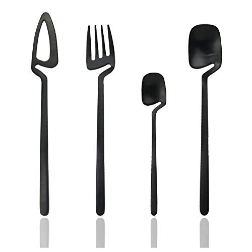 JASHII Hangable 24-Piece Silverware Set, Satin Finish Flatware Cutlery Set Service for 6, Knives/Forks/Spoons Included, Dishwasher Safe (Matte Black) service 6