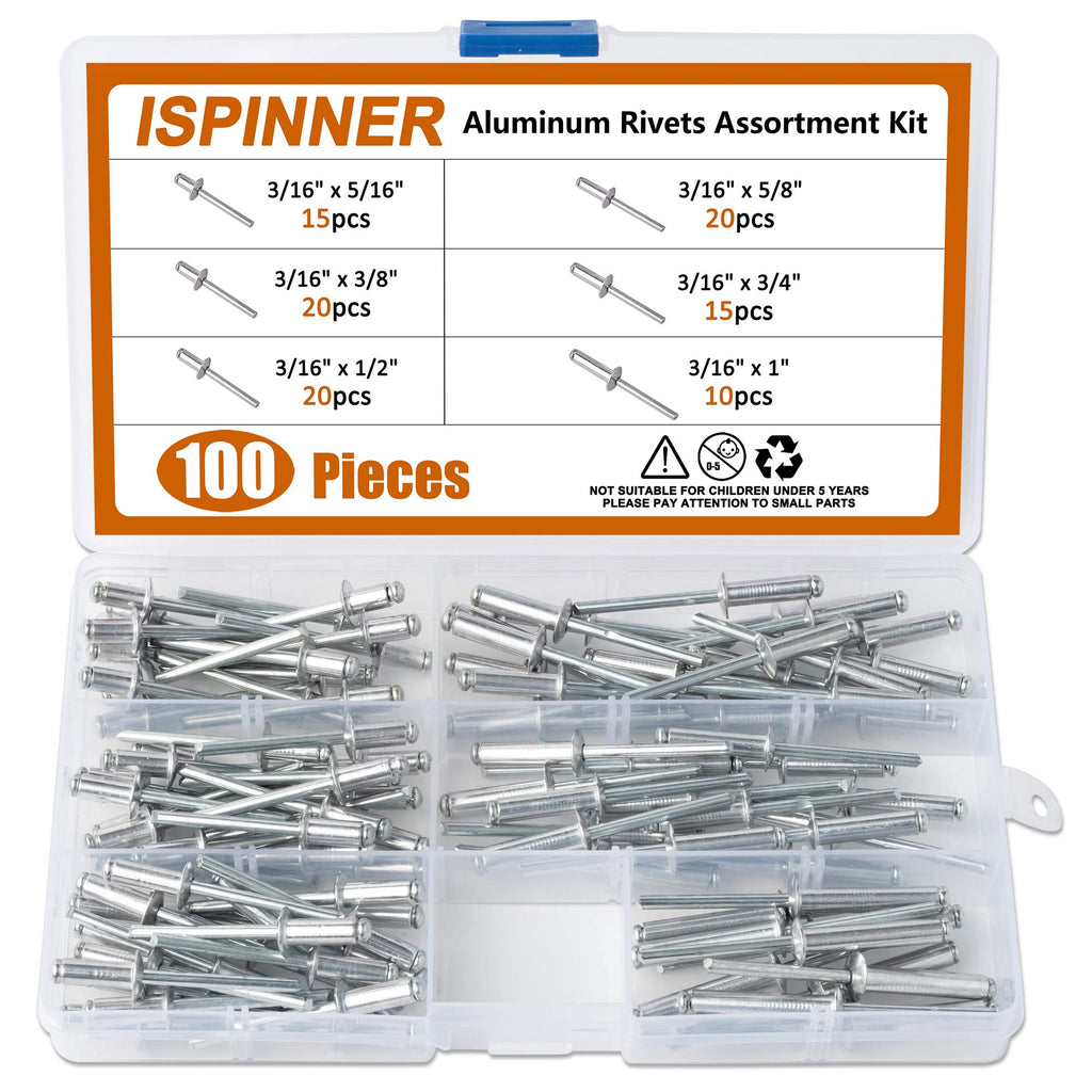 ISPINNER 100pcs 6 Sizes Aluminum Blind Rivets, Pop Rivets Assortment Kit 3/16" x (5/16" 3/8" 1/2" 5/8" 3/4" 1")(Silver) Silver