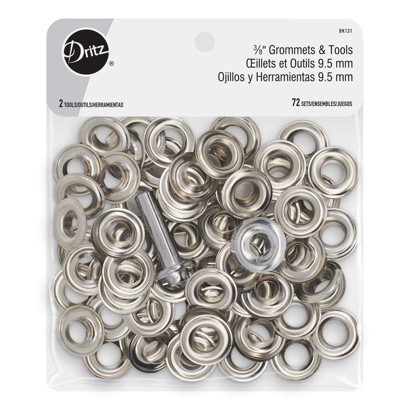 Dritz 3/8" Grommets with Setting Tool – 72 Sets, Nickel Finish - Metal Grommet Kit for Fabric, Tents, Curtains & Craft Projects