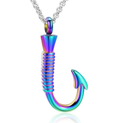Hearbeingt Fishing Cremation Jewelry Fish Hook Urn Necklaces for Ashes A-Colorful