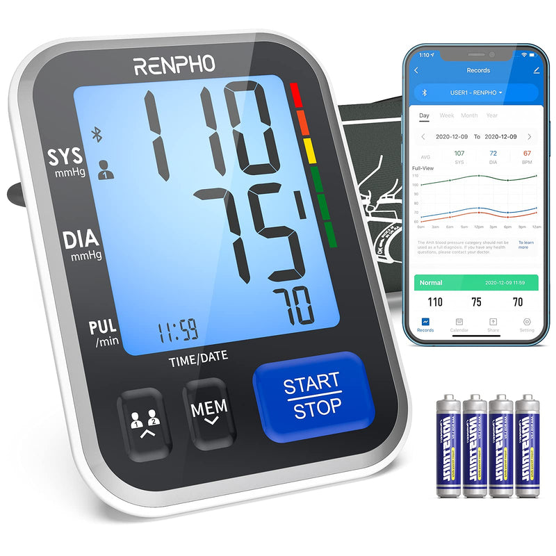 [Australia - AusPower] - RENPHO FSA HSA Eligible Blood Pressure Monitor for Home Use, Bluetooth Smart BP Machine with Wide Range Cuff for Large Size Adult Arms, Muti-User, Data Storage, Family Supplies 