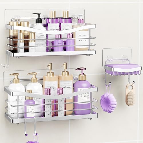 ODesign 3-pack adhesive shower caddies with rustproof silver shelving, ideal for organizing bathroom shower essentials