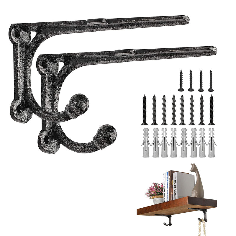 Rustic Shelf Brackets & Supports, Black Shelf Bracket with Hook, Cast Iron Wall Shelf Brackets, Heavy Duty Brackets for Wood Shelves, 6 Inch 2 Pack 6Inch 2Pack