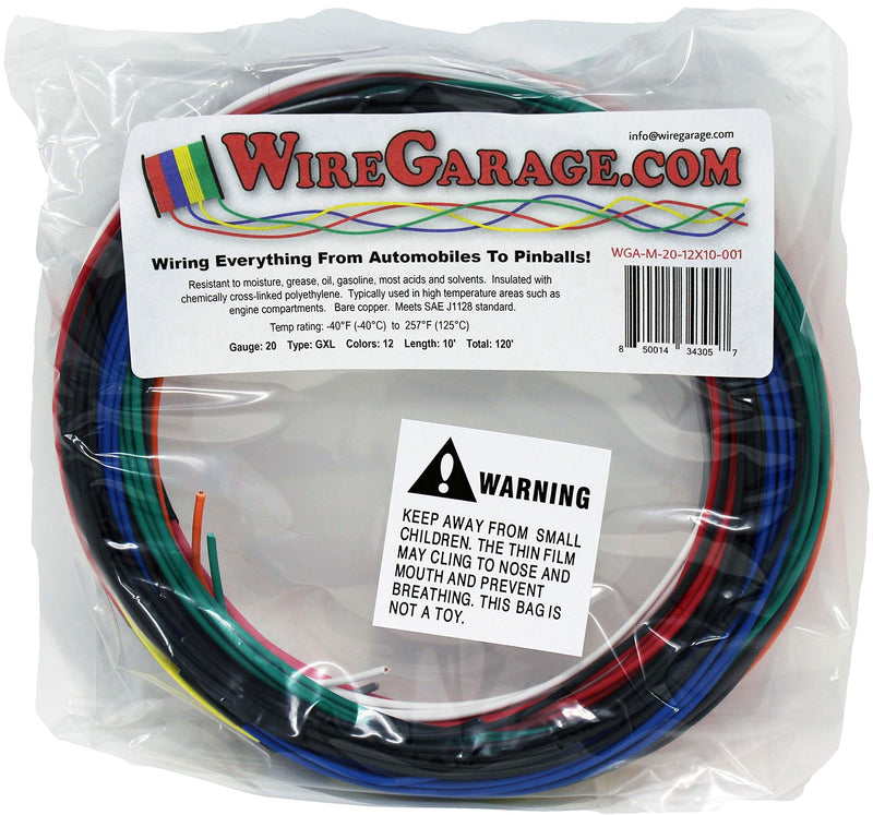 [Australia - AusPower] - High Temp GXL Cross-Link XLPE Stranded Wire, 20 AWG, GA, Gauge, SAE J1128, Automotive, Motorcycle, Electrical, 10' Each of 12 Solid Colors (120' Total) 