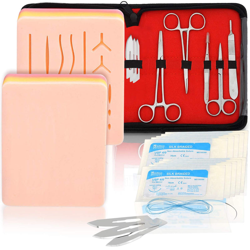 [Australia - AusPower] - Complete Suture Practice Kit for Medical Students, Improved Stitches Kit Medical Including 2 x Large Suture Pads 1 x Plain, 1 x Pre-Cut, 5 Suture Tools, Surgical Practice Kit (Education Use Only) 