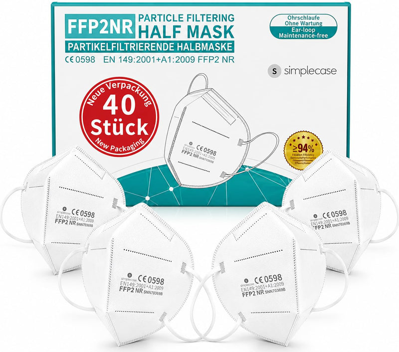 Simplecase 40 x FFP2 Masks, CE Certified by Officially Named Body CE 0598, Respirator Mask, Particulate Filter Mask 1 piece (pack of 40) White