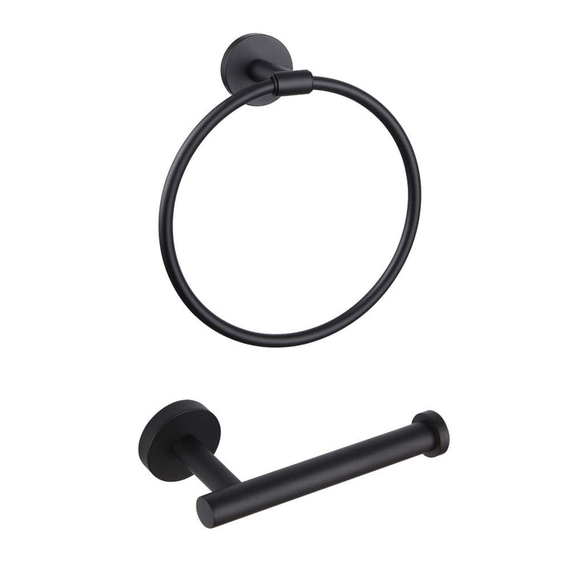 GERZWY Bathroom Hardware Set 2 Piece Black Towel Ring and Toilet Paper Holder SUS 304 Stainless Steel Wall Mounted Matte Black AG1404B-BK