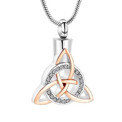 Yinplsmemory Cremation Jewelry Celtic Knot Urn Necklace for Ashes Stainless Steel Triangle Vintage Crystal Circle Ashes Keepsake Necklace Silver with rose gold