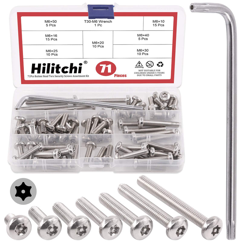 Hilitchi M6 Button Head Torx Security Screws Stainless Steel Tamper Proof Screws w T30 Bit (M6 Assortment Kit-70PCS) M6 Assortment Kit-70PCS