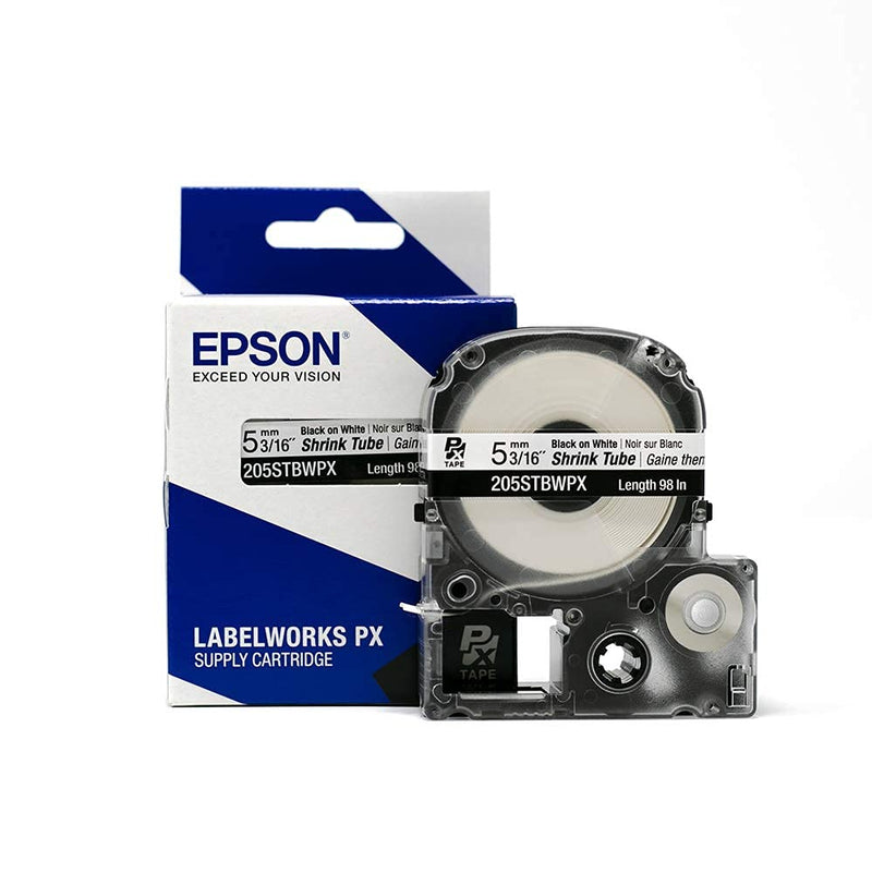 Epson LABELWORKS 205STBWPX Tape Cartridge - Black on White Shrink Tube Industrial Label Maker Tape - AWG 8-12, 3/16" (5MM) Wide, 8 ft (96") 5MM(8-12AWG)