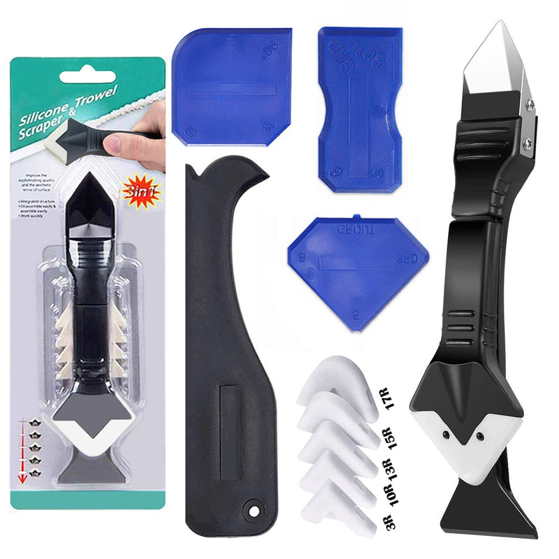 [Australia - AusPower] - 11Pcs Caulking Tools, 3 in 1 Silicone Caulking Finishing Tool Kit(stainless steelhead), Reuse and Replace 5 Silicone Pads, Sealant Caulk for Kitchen Bathroom Window, Sink Joint 