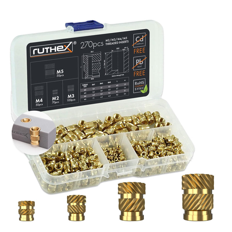 [Australia - AusPower] - ruthex Threaded Inserts M2 + M3 + M4 + M5 Assortment Box - 70 + 100 + 50 + 50 Pieces - Brass Heat Set Insert for Plastic Parts - Metric knurled Nuts - Insert by Heat into 3D Printing Components Box M2/M3/M4/M5 (270pcs) Metric Threaded Insert 