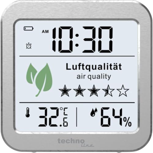Technoline WL1020 Air Quality Monitor Indoor, Temperature Display, Humidity Display, Low Air Quality Alarm, Silver, White Single