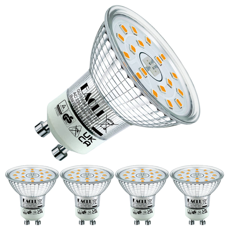 EACLL GU10 LED, Warm White, 4.9 W, Replaces 70 W Halogen Bulbs, Pack of 4, 515 Lumens 2700K Bulbs, AC 230 V, Flicker-Free Spotlight, Beam Angle 120°, Non-Dimmable Reflector Lamps 4 pcs (pack of 1) 4.9 W 2700 K Warm White Light