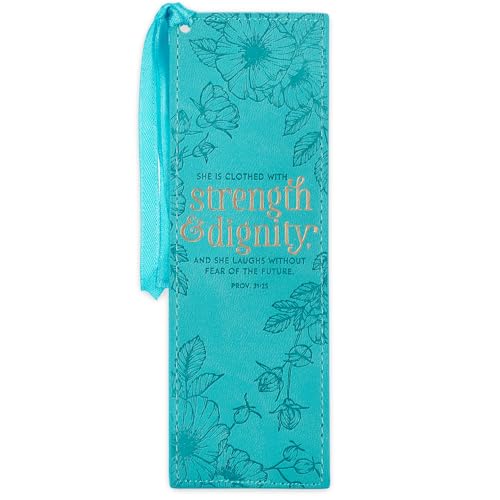 Christian Art Gifts Faux Leather Scripture Bookmark: Strength and Dignity Teal - Strength/Dignity