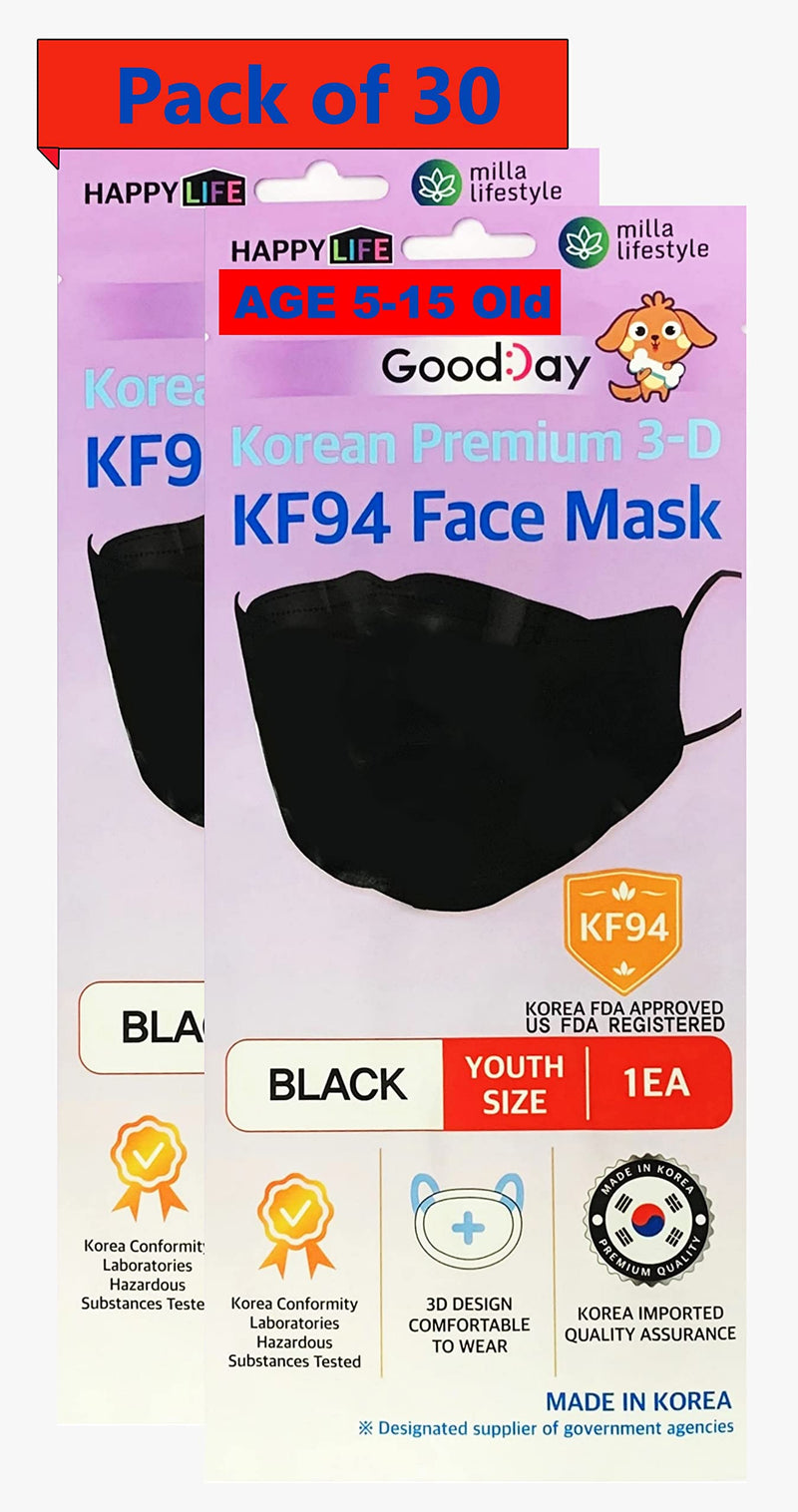 Premium 3D Disposable Black Kids KF94 Face Mask, Youth Age 5-15 Old, 4-Layer Filters Individual Pack, Made in Korea 30