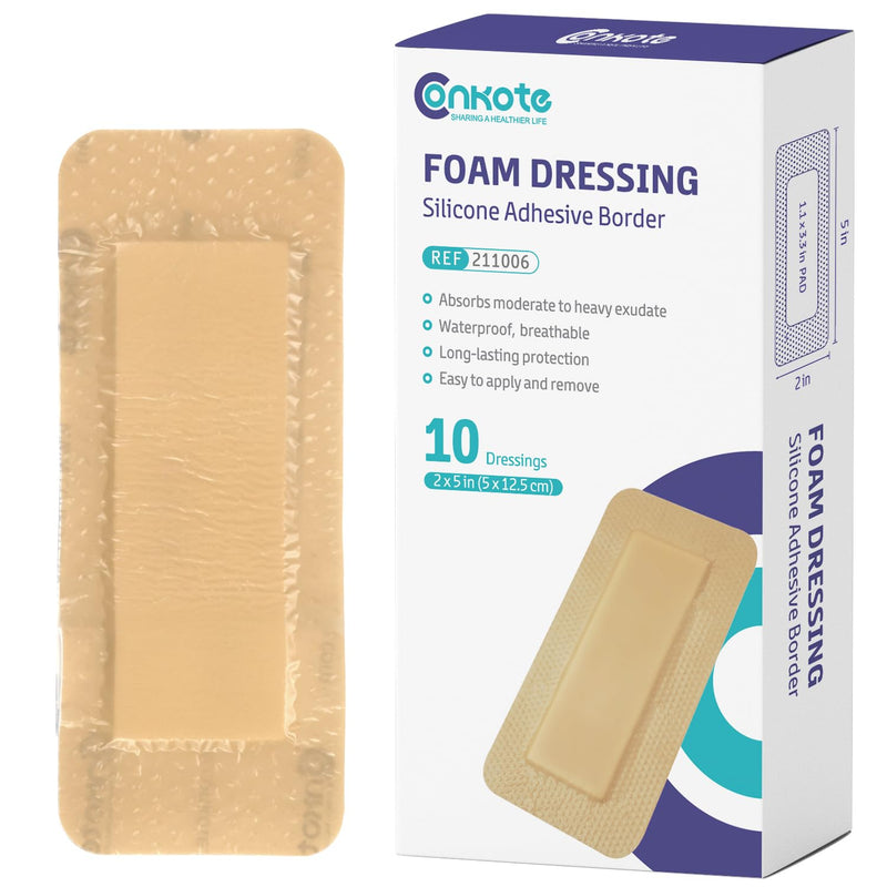 [Australia - AusPower] - Conkote Silicone Bordered Foam Dressing 2x 5, Water-Resistant & Comfortable, Box of 10 Dressings 2'' x 5'' (10 Dressings) 