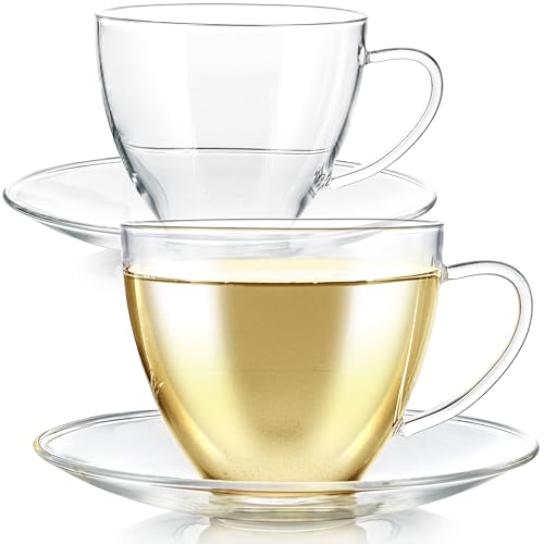 Teabloom Royal Teacup and Saucer Set 2-Pack – 12 OZ/ 350 ML Capacity – Glass Mug Set – Premium Borosilicate Glass – Durable and Heat Resistant 2 Count (Pack of 1)