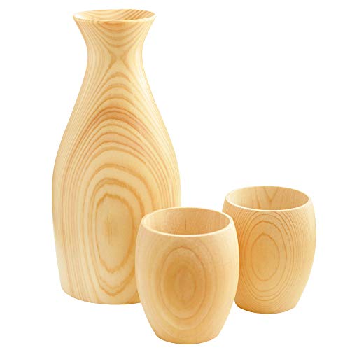 Japanese Traditional Hinoki Wooden Sake Set, 1 Tokkuri Flute and 2 Cups, Handmade in Japan