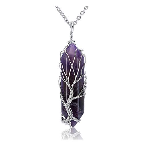 PESOENTH Tree Of Life Reiki Healing Crystal Energy Stone Clear Quartz Pendant Necklace Silver Wire Wrapped Raw Gemstone Hexagonal Prism Pointed Crystal Pendant Jewelry for Women and Men Amethyst