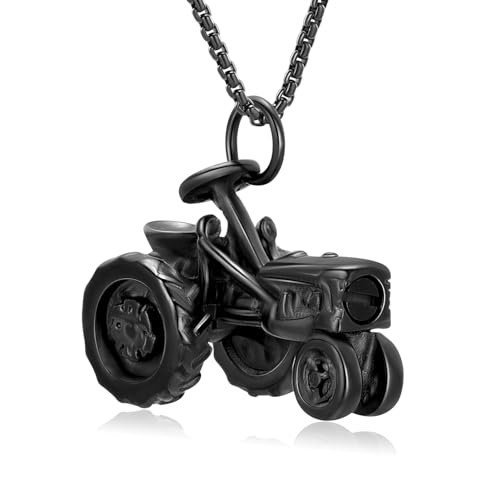 Oinsi Men Keepsake Jewelry Stainless Steel Farm Tractor Cremation Necklace For Ashes For Dad Memorial Urn Necklace Pendant Black