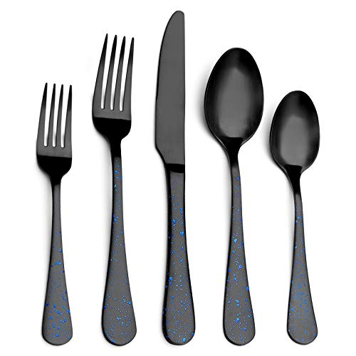 O.C.E. Matte Black Silverware Set, Stainless Steel Flatware, 20-Piece Tableware Cutlery Service for 4, Satin Finish Utensils, Dishwasher Safe (Starry Blue) Matte Black(Starry Blue)