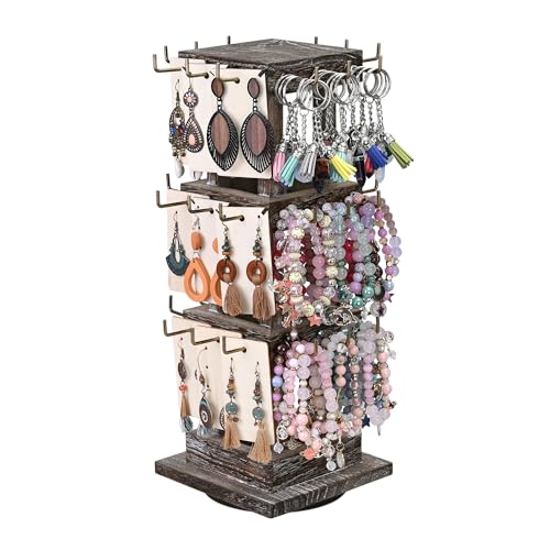 Ikee Design Wood Rotating Jewelry Display Stand Tower,Spinning Keychain Display Stand,36 Hooks Spinning Earring Display Rack for Vendor,Necklace,Bracelet, Coffee Color