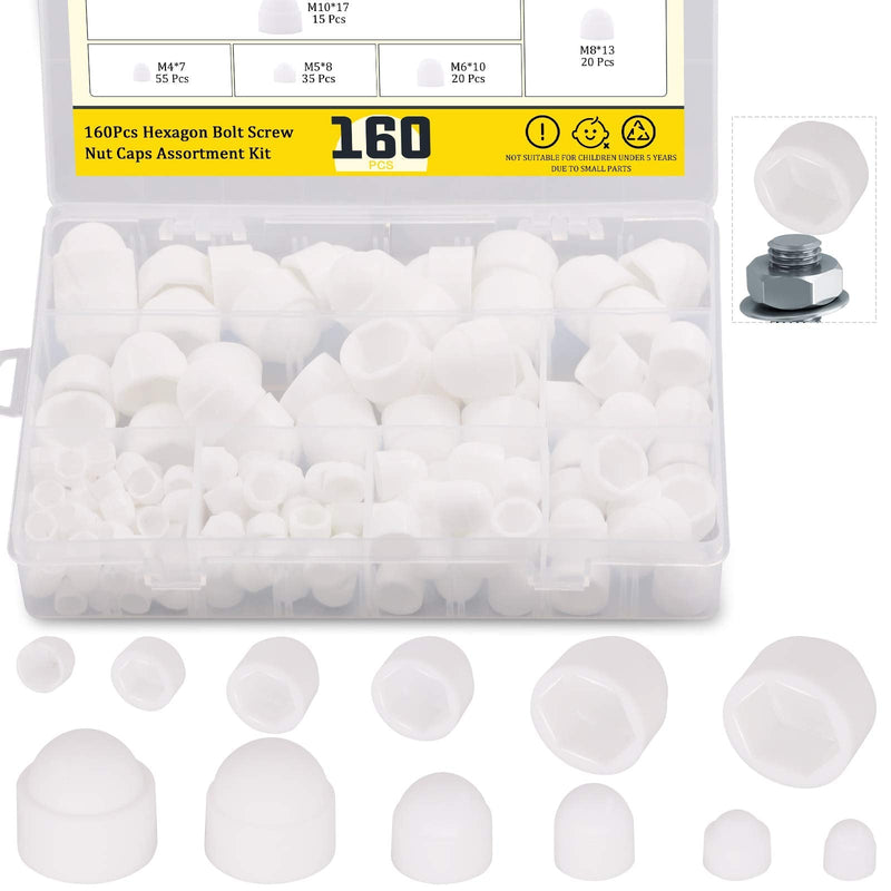 [Australia - AusPower] - 160Pcs 6 Sizes Bolt Covers Screw Caps Assortment Kit M4 M5 M6 M8 M10 M12 Plastic Acorn Nut Dome Hex Cap Cover for Protecting Hexagon Screws Bolts,White White 