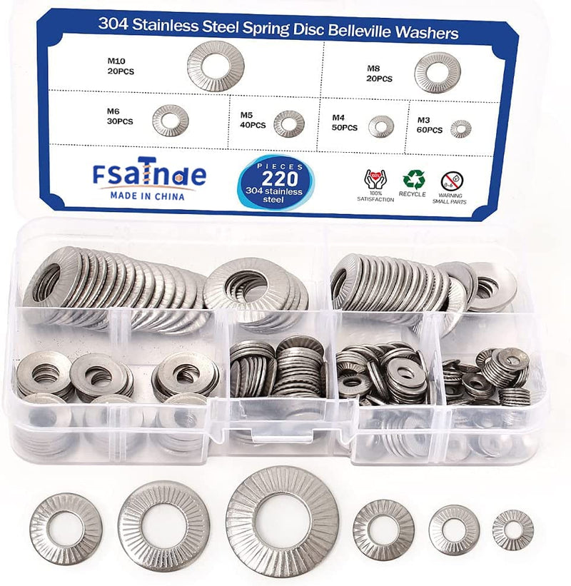 [Australia - AusPower] - 220PCS Metric M3 to M10 304 Stainless Steel Conical knurled Spring Washer Belleville Washer Assortment Kit 