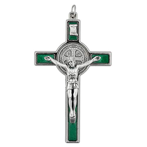 3" Saint Benedict Medal Crucifix Pendant | Patron Saint of Students and Europe | Perfect Addition to a Necklace or Rosary | Great Catholic Gift | Made in Italy Green