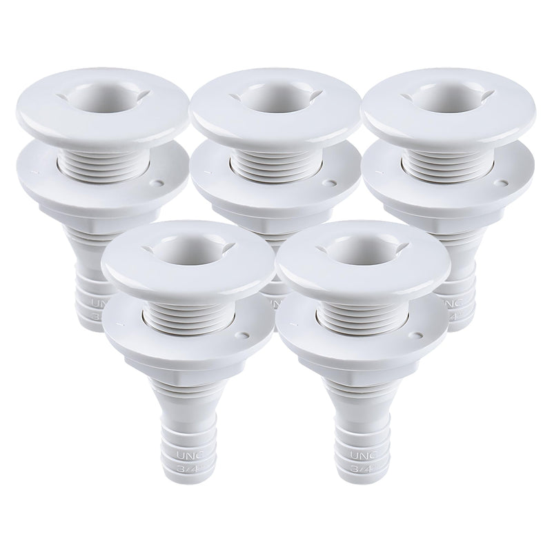 SEAFLO Thru Hull Fitting, Marine Boat, Plastic Drain Overflow Connector, Corrosion Resistant Saltwater Safe, Bilge Port Deck Outlet,(⅝,¾,1,1⅛,1¼,1½, & 2" Options)(1,2,5, &10 Packs)(White/Black) ¾” White 5