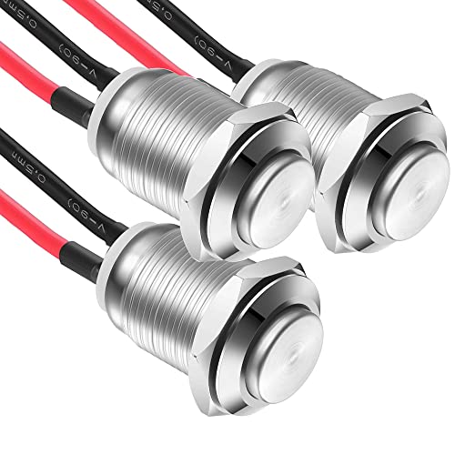 Gebildet 3 x Waterproof Push Button Locking Push Button Stainless Steel Button On Off 12 mm 2A/12V/24V/125V/250V with Wire (Protruding) 12mm Silver Protruding Head