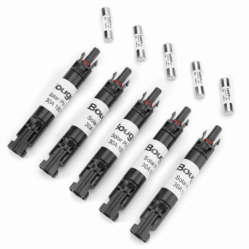 BougeRV 5PCS 30A Solar Fuses Holders Inline, 5PCS PV Inline Fuse Holders 30 Amp for Solar Panel and Solar Controller, Waterproof Solar Fuse Connectors, Solar Surge Protection Device 5 PCS 30A Solar Fuse