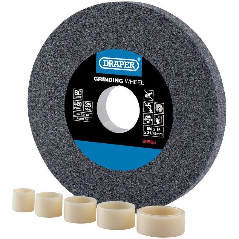 Draper Tools Expert 150 x 16mm Aluminum Oxide Sanding Disc | 60 grit, 31.75 mm bore, includes 5 reducing rings, for steel and non-ferrous metals