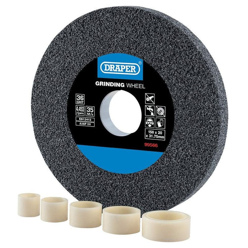 Draper Tools Expert 150 x 20mm Aluminum Oxide Bench Grinding Wheel | 36 grit, 31.75 mm bore, includes 5 reducing rings, for steel and non-ferrous metals